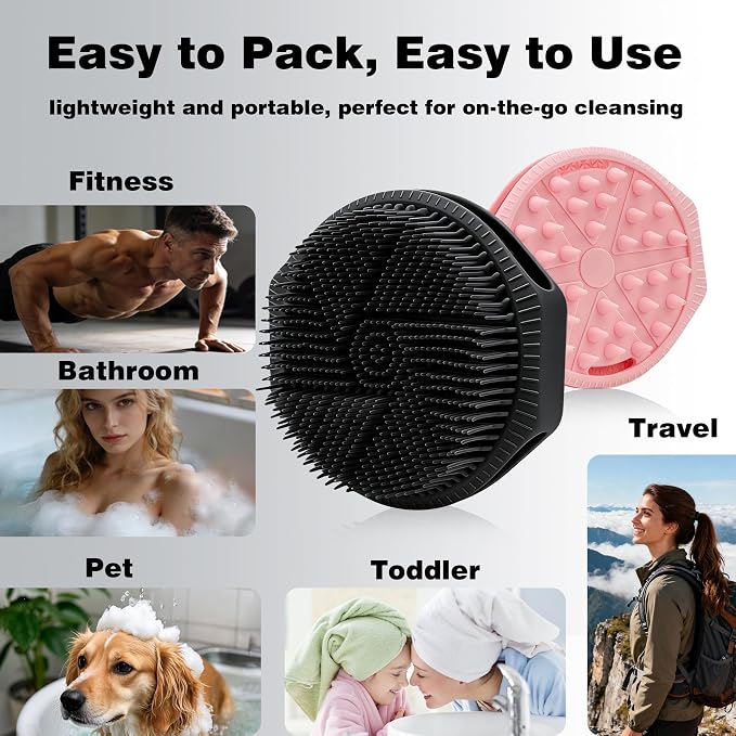 Silicone Body Scrubber for Men Women, Dual-Sided Bath Brushes Gentle Exfoliating Body Scrubber Scalp Massager for Deep Cleansing, Soft Silicone Loofah Body Washing Brushes (Black+Pink)