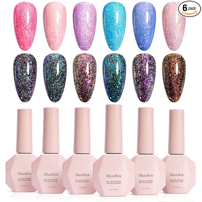 MelodySusie 7.5ML Glitter Gel Nail Polish Set, 6 Colors Sparkle Gel Polish Kit Blue Purple Pink Glitter Gel Polish Gifts for Women Nail Art Manicure Salon DIY Nail Design Decoration at Home