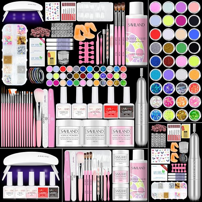 SAVILAND All-in-1 Acrylic Nail Kit with Drill and U V Light for Beginner | Suitable for Learning, Practice Finger, Long Lasting, Prevents Lifting & Chipping, Non-yellowing, Home Salon Extension