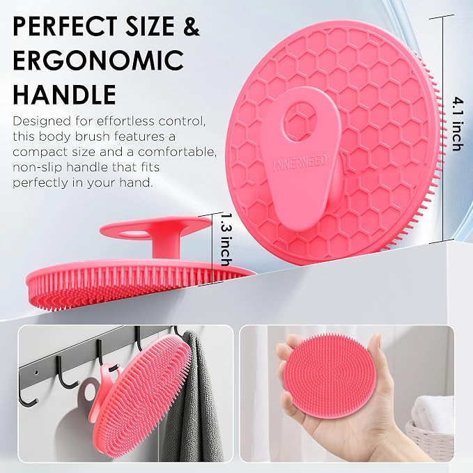 Hygienic Body Cleansing Scrubber with Exfoliating Net Sponge Case, Pink | INNERNEED Soft Silicone Bristles Deep Clean & Massage Shower Scrub Brush with African Exfoliating Bath Mesh