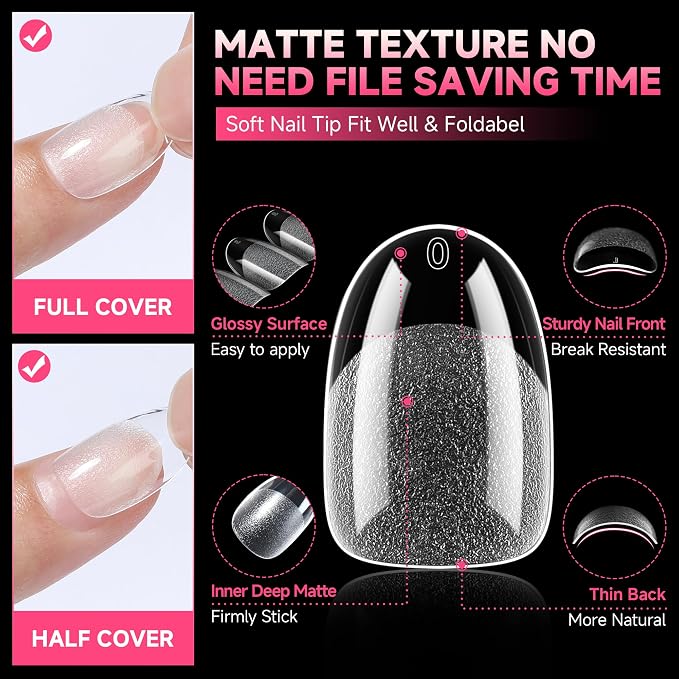 UNA GELLA Short Oval Round Nail Tips Pre-shaped Half Matte 120pcs | Short Oval Round Soft Gel Nail Tips Full Cover Clear Acrylic Fake Nails for Press on Nail Extensions Home DIY Salon 12 Sizes