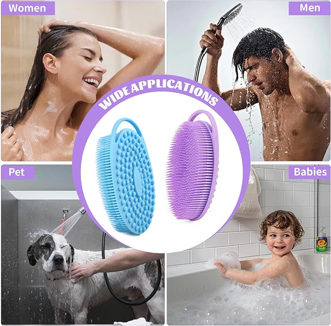Silicone Body Scrubber Loofah – 2 Pack Soft Shower Body Scrubber for Men & Women, Gentle Loofah Alternative for Sensitive Skin, Fast-Drying & Hygienic Body Wash Brush, Easy to Clean, Blue & Purple
