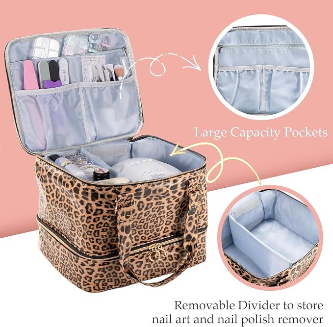 Uross Nail Polish Organizer Bag Holds 42 Bottles Nail Polish & Nail Lamp, Gel Nail Polish Organizers and Storage box for Nail Tech, Nail Kit Supplies Organizer Case - Leopard