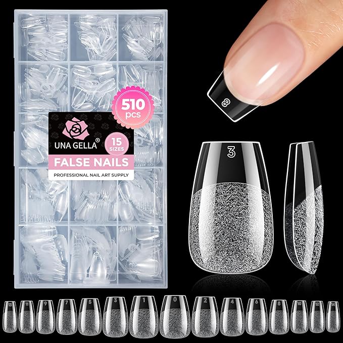 UNA GELLA 510Pcs Short Coffin Nails Tips Soft Gel Half Matte 15 Sizes | Acrylic Full Cover Nail Tips Short Coffin Press on Nails Pre-shaped Clear False Nails For Nail Extensions Home DIY Salon