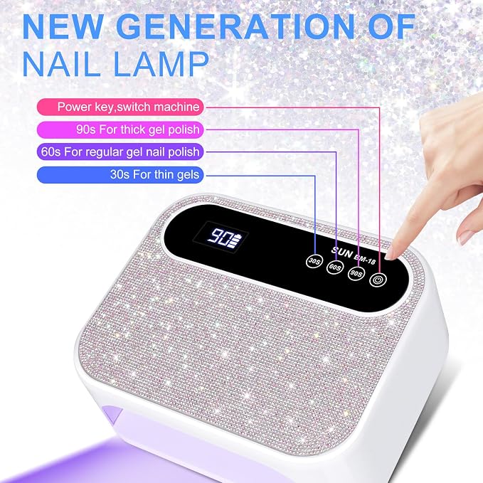 Led Nail Lamp, 126W Gel Nail Light Rechargeable Professional Lamp 42 Durable UV LED Beads Automatic Sensor Fast & Even Curing All Gel Polish Manicure at Home and in Salons(Sparkly White)