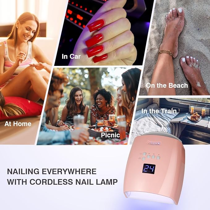 Cordless UV LED Nail Lamp, 66W Rechargeable Gel Nail lamp, Cordless UV Light for Gel Nails with Handle Auto Sensor & 5 Timer for Home & Salon (Pink)