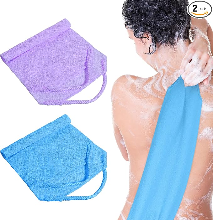 2 Pcs Back Washer for Shower,Exfoliating Back Scrubber with Handles Backs Wash Cloth Stretchable Backs Scrubber for Shower for Women(Blue,Purple)