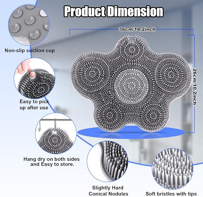 Kalolary Silicone Shower Foot Scrubber Mat with Non-Slip Suction Cups | Back Exfoliating Cleaner Foot Scrubber in Shower Cleaner Brush to Exfoliate and Massage Feet Without Bending Over (Flower)