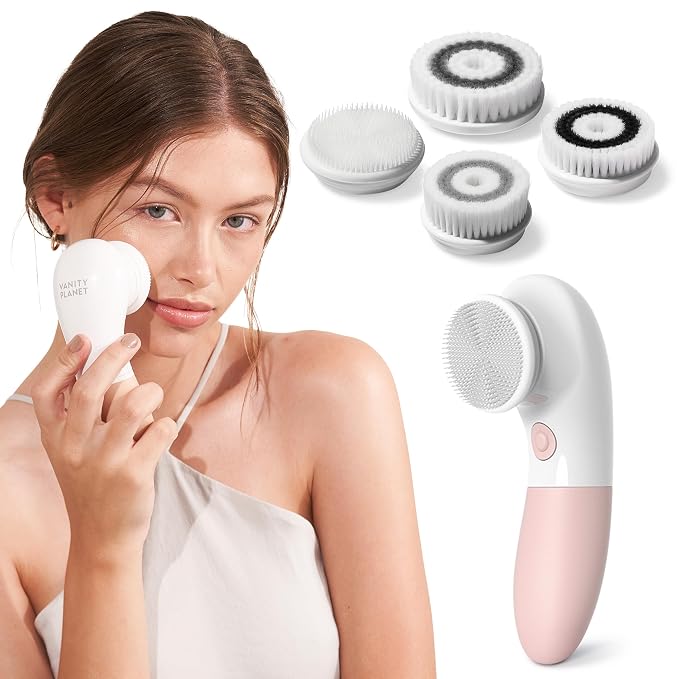 Vanity Planet Raedia Facial Cleansing Brush - Electric Facial Cleansing Brush with 4 Exfoliating Brush Heads - Waterproof, Handheld, Lightweight for Face Scrubber and Exfoliating Face - Dusty Pink | Facial Cleansing Brush with 4 Exfoliating Brush Heads...