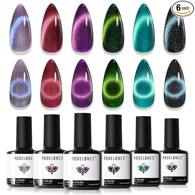 modelones Cat Eye Gel Nail Polish Set Glitter 6Colors Red Blue Green