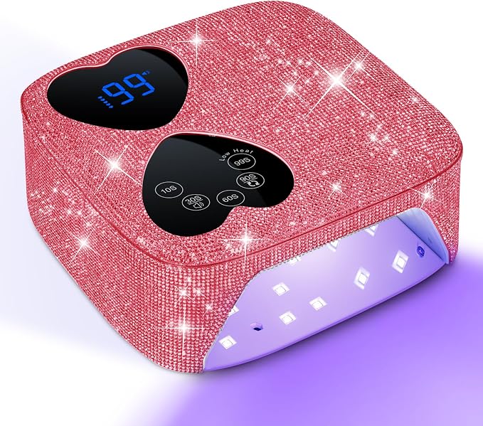 UV LED Nail Lamp Cordless, HUITINE 80W Rechargeable UV Light for Gel Nails | 5 Timers & Mirror Base, Professional Gel Light Dryer, Sparkling Rhinestones Curing Lamp for Salon & Home (Pink Diamond)