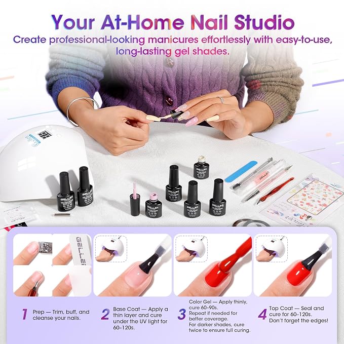 GELLEN Gel Nail Polish Kit With UV Light, 71PCS Set With 32 Colors | 54W UV/LED Lamp, 32 All-Season Colors, Base And Glossy, Matte, Glitter And Cat Eye Top Coats For DIY Home Manicures