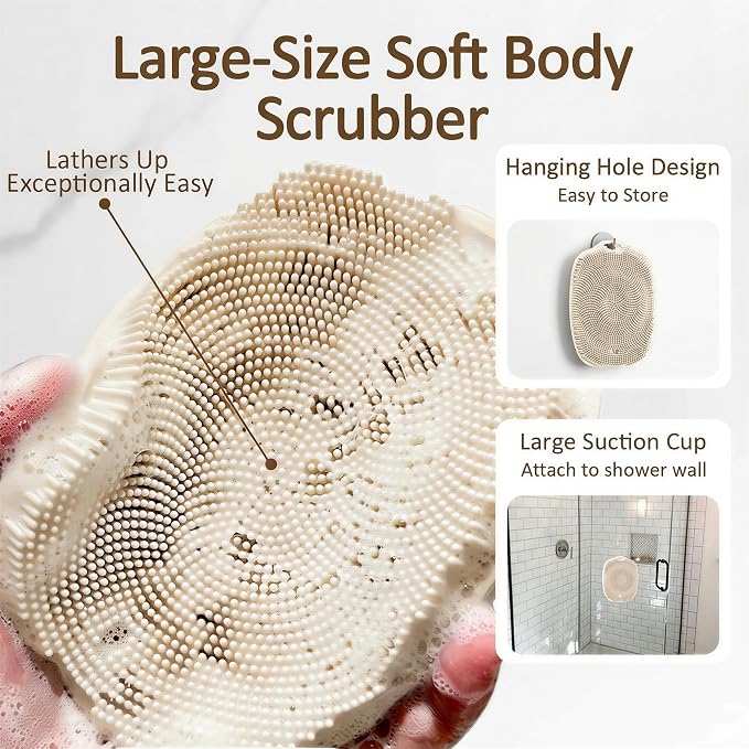Soft Silicone Body Scrubber, Gentle Like a Hand Exfoliating Your Skin and Build Up Lather Easily, Back Large Suction Cup Easy to Store, Long-Lasting & Deep Clean (Beige)