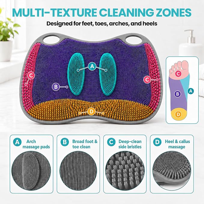 XL Silicone Shower Foot Scrubber Mat with Suction Cups, Foot Washer for Shower, Foot and Back Scrubber for Smooth Shower Wall or Floor, Grey, 17.32 x 12.99 in