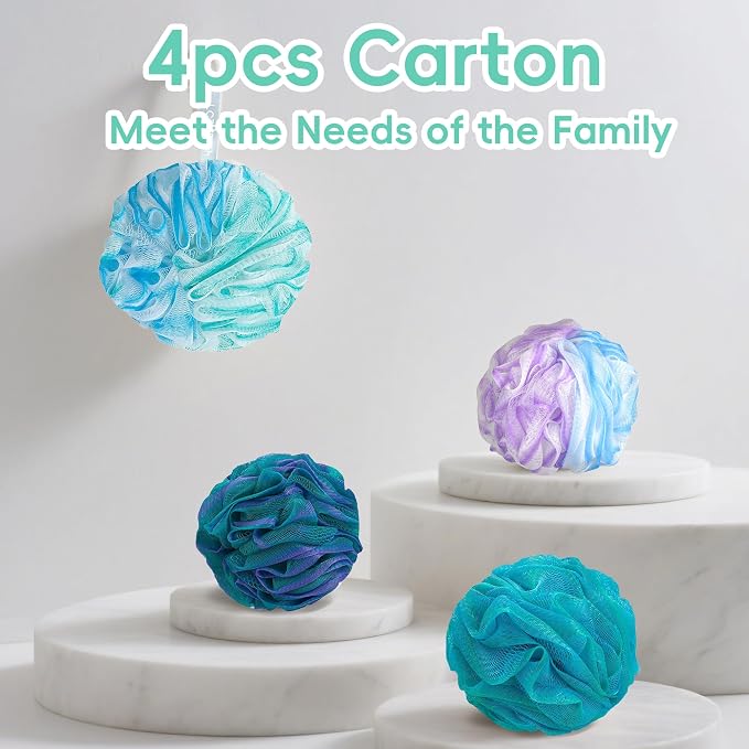 Shower Loofah 4PCS Soft Bath Body Sponge 60g Loofa Set Thick Wash Puffs for Women and Men (Purple-Blue-Green-Mixed)