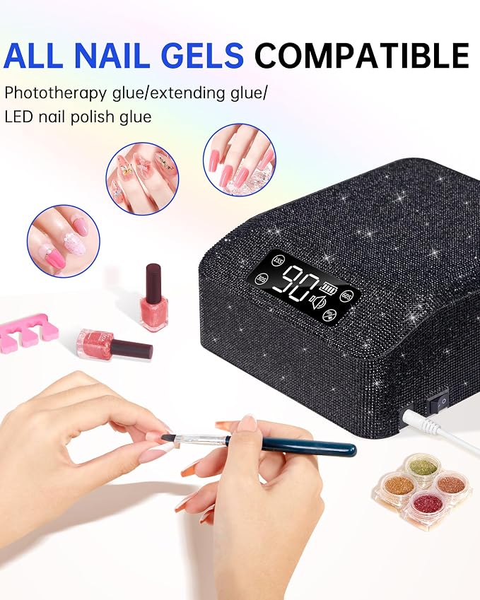UV LED Nail Lamp, Plug-in Nail Dryer UV Light for Gel Nails Salon & Home | 39 Beads | 96W | Auto Sensor | Detachable Base | 4 Timers | Rhinestone | Black Sparkly
