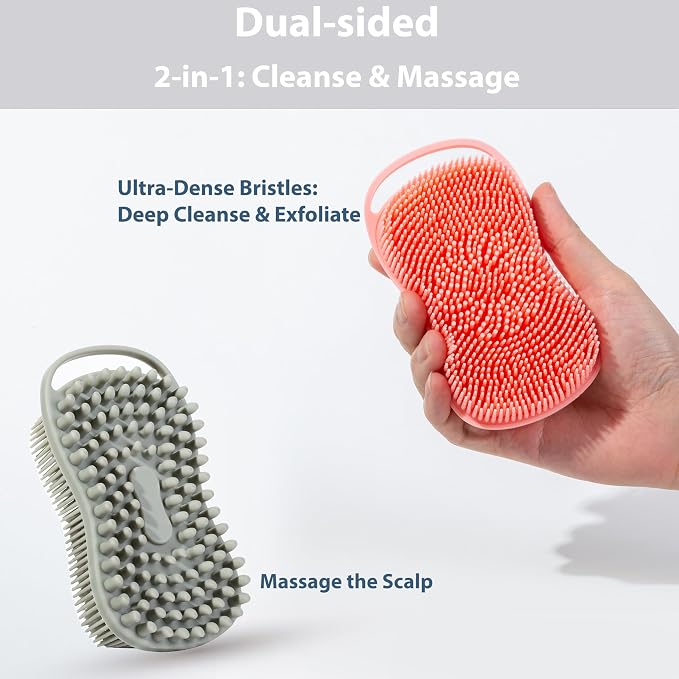 MtBoi 2-Pack Silicone Body Scrubber, 2-in-1 Shower Exfoliating Brush & Shampoo Massager for Sensitive Skin, Easy to Lather Bath Loofah (Pink&Grey)