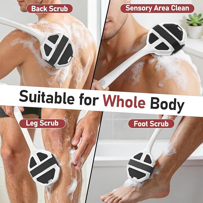 Back Scrubber for Shower for Men 2 Pack, Silicone Body Scrubber with Long Handle, Detachable Body Wash Scrubber Shower Scrub Brush - Lathering Bristles Deep Clean Exfoliator Women Mens Black