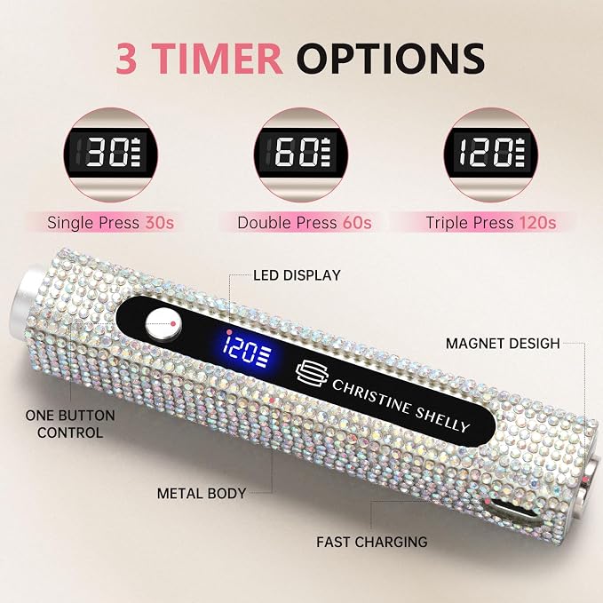 UV Nail Lamp, 3 in 1 Handheld UV Light for Gel Nails, Flash Cure Nail Lamp | Cat Eye Magnet | Cordless | 3W | Type-C | 400mAh | Full Rhinestone Covered | Mini Size | Easy to Carry | AB Diamond
