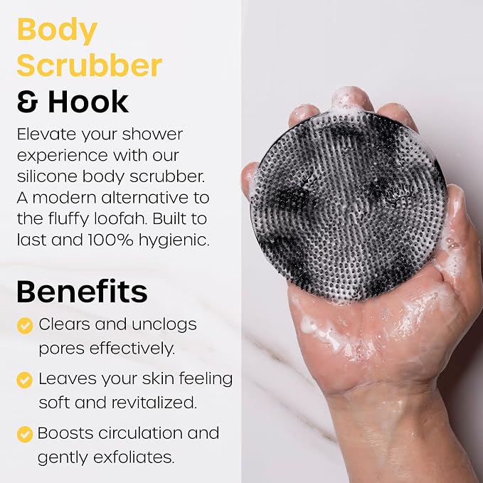 The Man Scrub Box - Complete Shower Scrubber Set for Men | Complete face, body and back shower scrub set with hooks for exfoliation, smoother-feeling skin and storage.