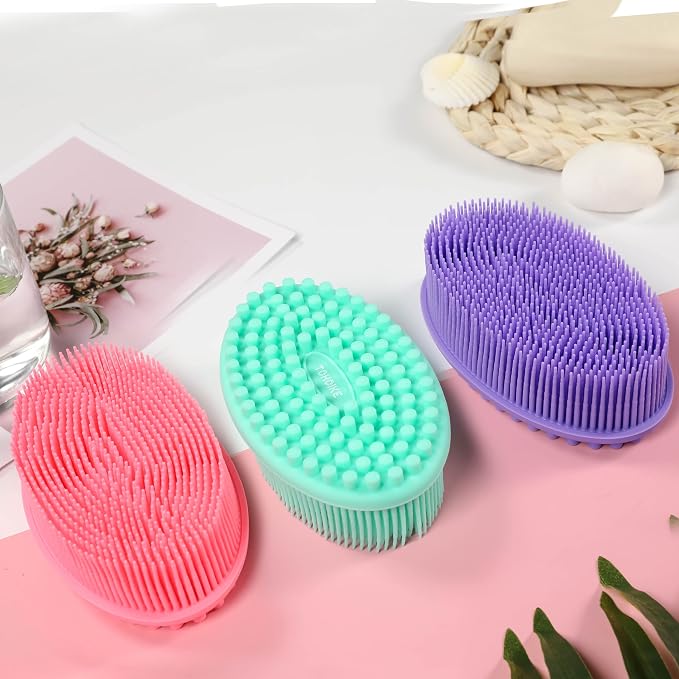 Silicone Body Scrubber Loofah Set of 3 (Purple/Green/Pink) | Soft Exfoliating Bath Shower Brush for Sensitive Skin, Kids Women Men All Skin Types