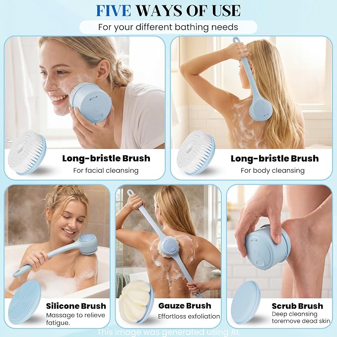 Electric Body Brush Back Scrubber for Shower，5 Replaceable Heads and Hook,Waterproof Long Dual Handle Power Body Scrubber 2 Speeds, for Cleansing Body, Exfoliating and Massaging Skin.