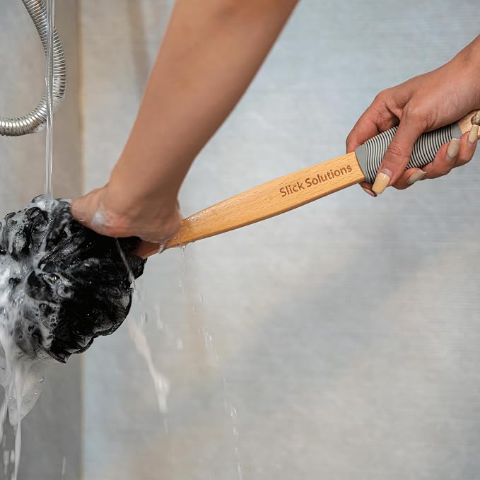 Slick- Loofah with Handle, 17", Gray, Loofah Back Scrubber with Long Wooden Handle, Shower Supplies