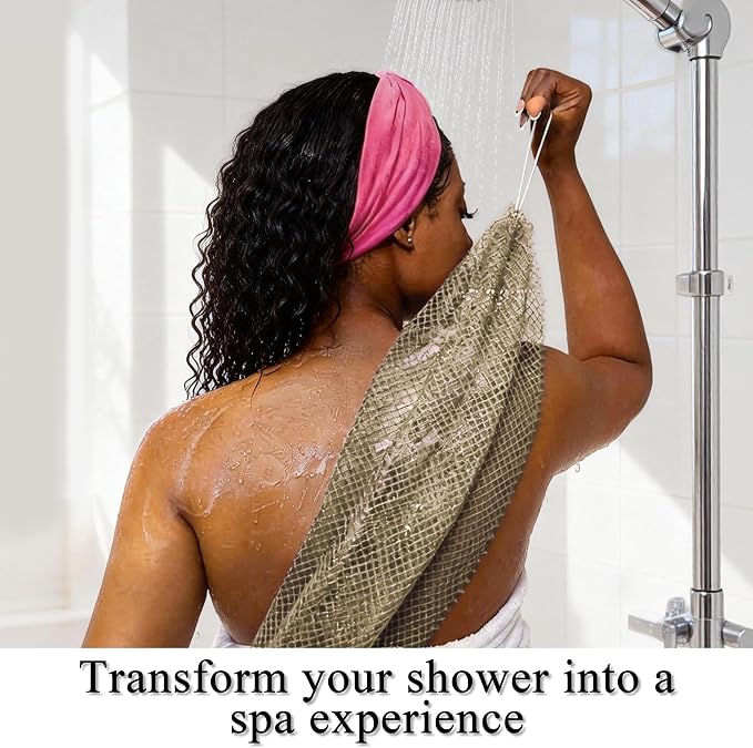 SubSahara Authentic African Net Sponge, 2 Pack 45-Inch Exfoliating Bath Sponge and Shower Loofah for Body and Back, Quick-Dry Durable Knotted Mesh Scrubber (Linen & Brown)