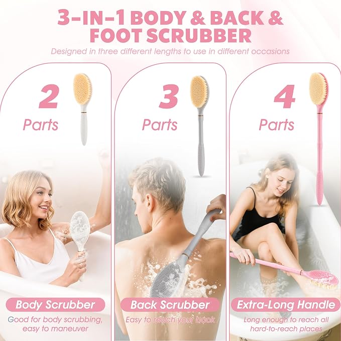 New Back Scrubber Anti-Slip for Shower, 18.9‘’ Adjustable Shower Back Scrubber with Dual-Side Head & Soft Bristles, Extra-Long Shower Brush Bath Brush for Lathering Cleansing(Pink-L)