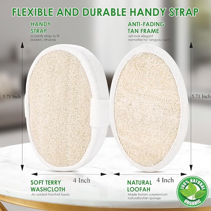 Natural Loofah Sponge 4 Pack for Shower, Organic Luffa Exfoliating Body Scrubber, Eco Friendly Biodegradable Bath Sponge, Plant Based Body Exfoliator for Men Women, Shower Loofah with Hanging Rope