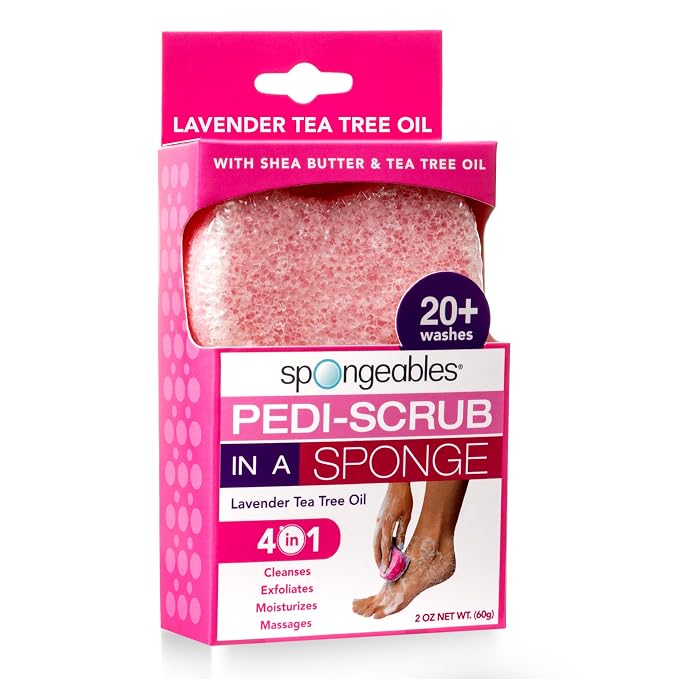 Spongeables Pedi Scrub Foot Exfoliating 20+ Wash Sponge, Lavender, 1 Count | Dual-Textured to Cleanse, Exfoliate, Moisturize, and Massage, Just Add Water to Activate the Soap in the Sponge