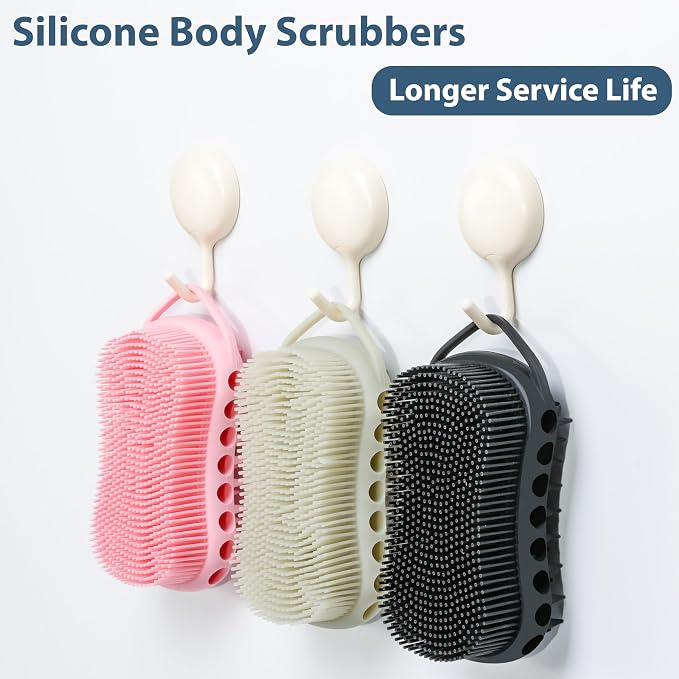 MtBoi Double-Sided Exfoliating Silicone Body Scrubber, 2-in-1 Bath Scrubber, Shampoo Brush, Silicone Loofah for All Skin Types, Shower Body Scrubber, Easy to Clean, Lather Well (Gray)