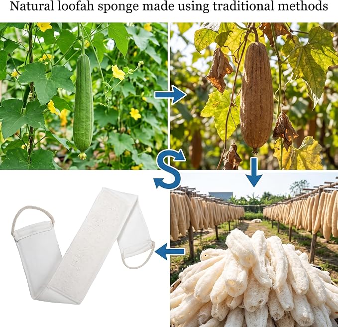Back Scrubber, Natural Loofah Shower Strap with Oval Bath Pads Set | Long Handle Back Access, Natural Fibre Texture, Oval Wash Pads, Shower Use, Home And Travel Convenience