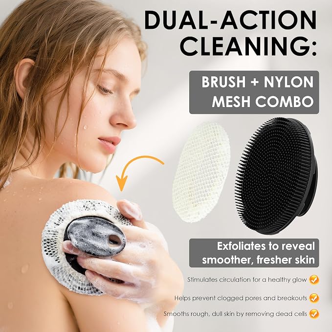 Black Food-Grade Silicone Body Scrubber with Exfoliating Net Sponge Case | Handheld Bath Scrub Shower Brush Set For Women Men, All Skin Types, Deep Clean, Lather Well, INNERNEED