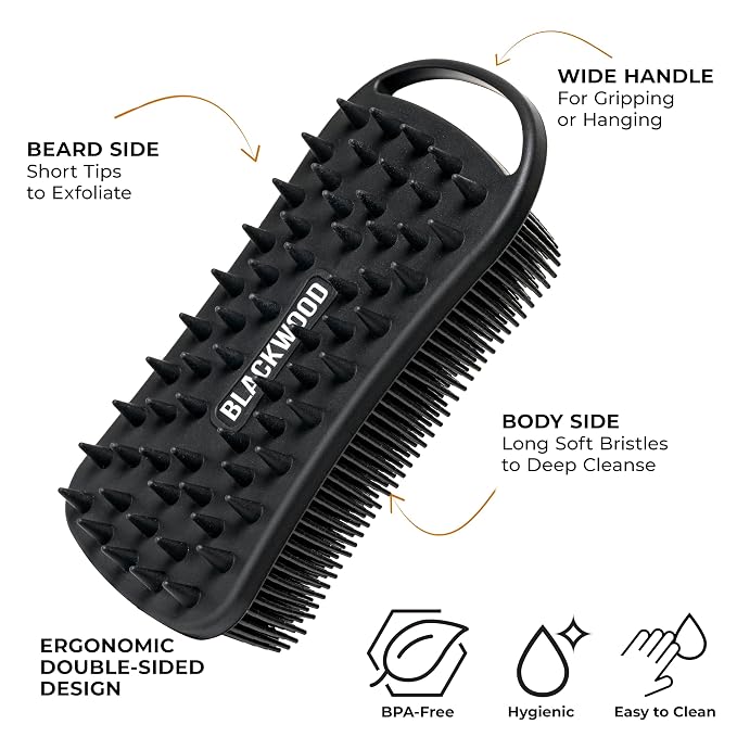 Blackwood For Men Double Duty Beard & Body Scrubber - Dual-Sided Men's Shower Tool - Handheld Body Wash Brush with Long Soft Silicone Bristles for Deep Cleaning - Short Exfoliating Tips for Beard Care