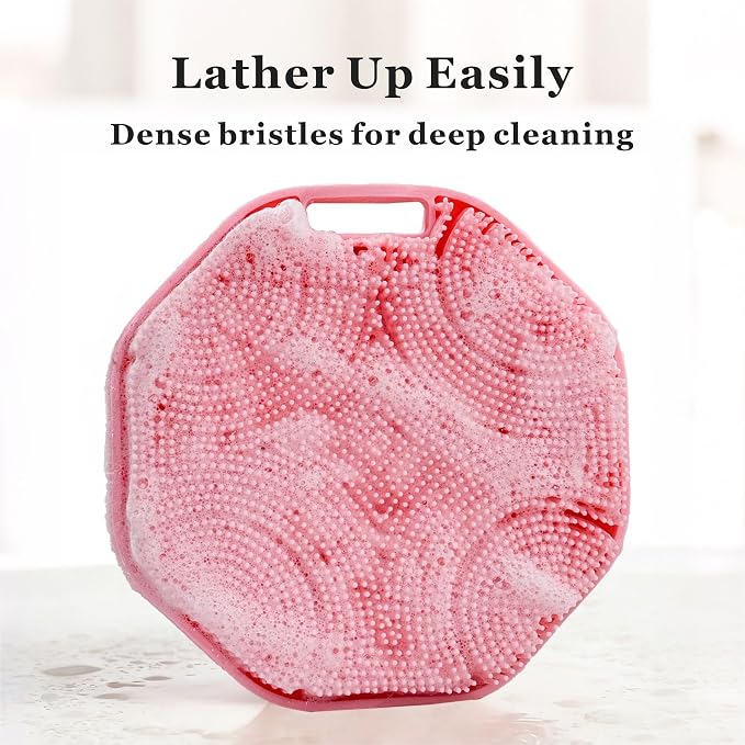 Silicone Body Scrubber 2-Pack, Shower Scrubber with Soft Bristles | 100% Silicone, Soft Bristles, Hole for Hanging, Anti-Slip Strap, Gentle Exfoliating, Lather Well, Sensitive-skin safe