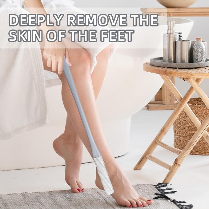 Long Handle Foot Scrubber, Grey Silicone Toe Gap Cleaning Brush with Plastic Handle, 15.7 Inch Length, 2 Pack, Soft Shower Exfoliating Bath Brush for Men and Women
