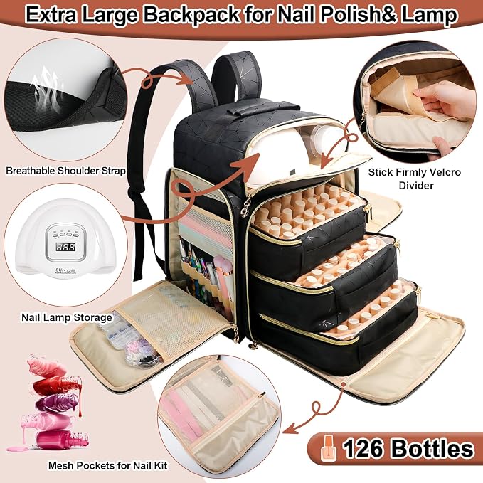 Nail Polish Organizer Backpack Holds 126 Bottles& Nail Lamp, Extra Large Nail Kit Supplies Organizer Bag with 3 Removable Cases, Portable Nail Organizers and Storage for Trave (Elegant Black)