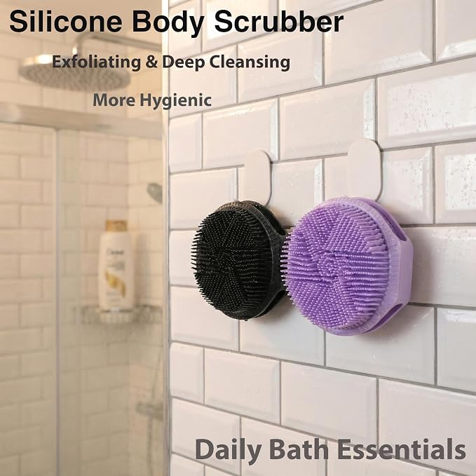 MtBoi 2 Pack Silicone Exfoliating Body Scrubber, Soft Silicone Loofah for Sensitive Skin, 2-in-1 Body Brush & Shower Head Massager, Easy to Clean, Rich Lather (Black&Purple)