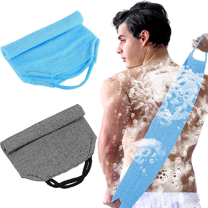 COMNICO 2pcs Exfoliating Back Scrubber, Nylon Shower Bath Exfoliator Extended Length Body Scrub Towel Stretchable Pull Korean Washcloth Strap with Handles(Blue + Gray)