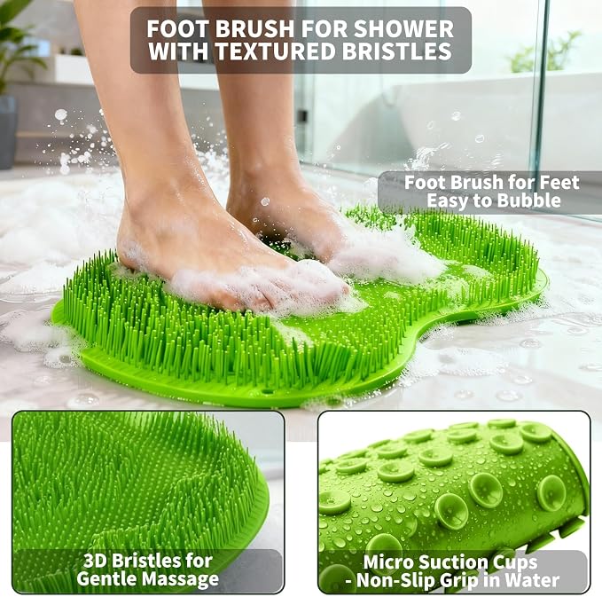 Shower Foot Scrubber Mat with 3 Types of Upgraded Brushes for Massage, Shower Back Scrubber with Micro Suction Cups,Non Slip Bathtub Shower Scrubber for Body at Home Spa(Sage)