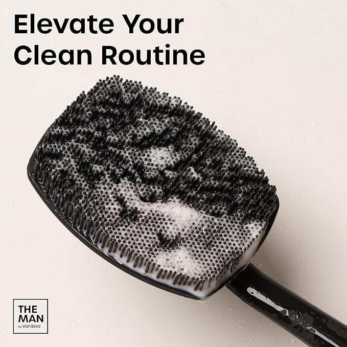 The Man 18.5 Inch Silicone Back Scrubber for Men | Long handle reaches back, shoulders, legs and feet; soft silicone bristles cleanse and exfoliate with body wash