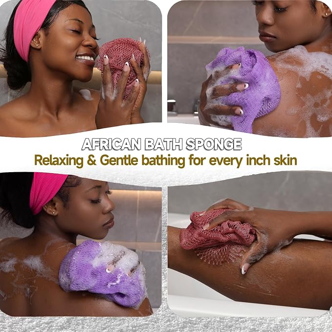 SubSahara Authentic African Net Sponge,2 Pack 45-In Exfoliating Bath Sponge and Shower Loofah for Body and Back,Colorfast Quick-Dry Knotted Mesh Scrubber with Travel Pouch (Blush Pink&Lavender Purple)