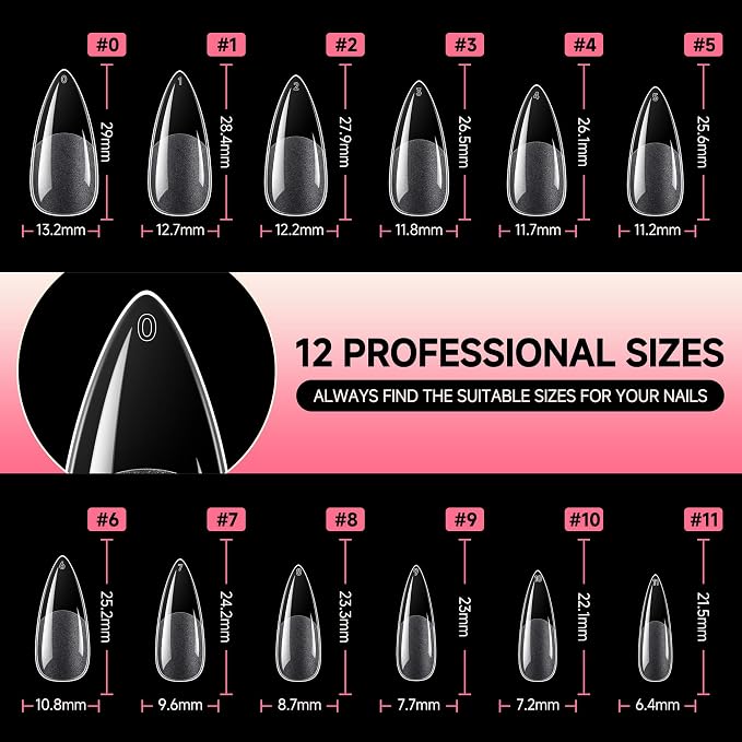 UNA GELLA Medium Stiletto Nail Tips Full Cover Soft Gel 120pcs 12 Sizes | Pre-etched Stiletto Almond Press on Nails Clear Acrylic Fake False Nails for Nail Extensions Home DIY Salon