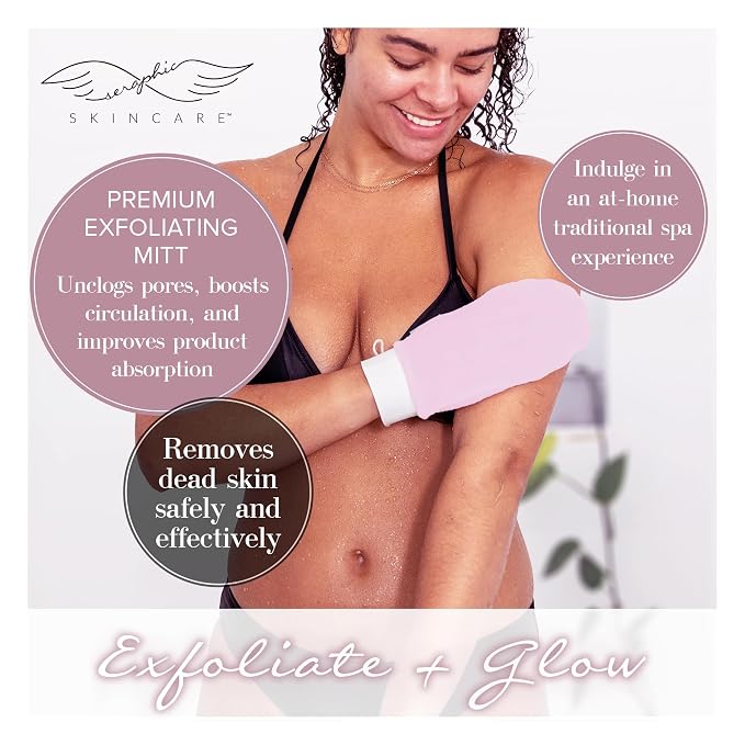 Seraphic Skincare Limited-Edition Pink Premium Exfoliating Mitt for Body 1pc – Exfoliating Glove & Body Scrubber for Shower Use, Deep Body Exfoliation, Dead Skin Removal & Self Tanner Washcloth