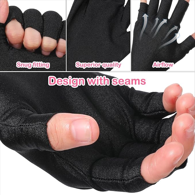 2 Pairs UV Gloves for Gel Nail Lamp, UPF Fingerless UV Protection Gloves for Manicures, Nail Art, Outdoor Activities, Black and Pink