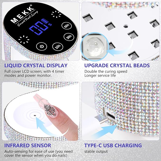 MEKK Mini UV Light for Gel Nails, 24W Cordless Flash Cure Nail Lamp | Flash cure, Auto Sensor, 4 Timers (10/30/60/90s), Portable, USB-C, for Home & Travel & Salon,Sparkling Silver Diamond