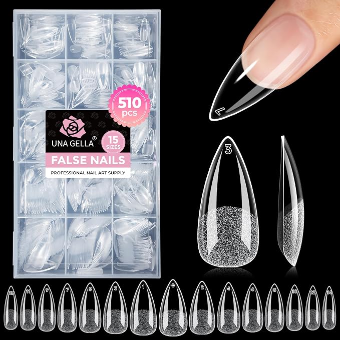 UNA GELLA Stiletto Gel Nail Tips 15 Sizes 510Pcs Full Cover Pre-etched | Medium Stiletto Almond Fake Clear Acrylic False Nails Sturdy Press on Nails for Nail Extensions Home DIY Salon