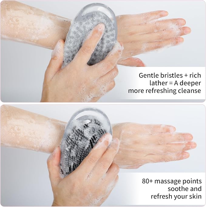 2 Pack Silicone Body Scrubber for Shower - Soft & Gentle Loofah Alternative for Sensitive Skin, Quick-Drying & Hygienic Body Wash Scrubber Brush for Men, Women & Kids (Black & Gray)