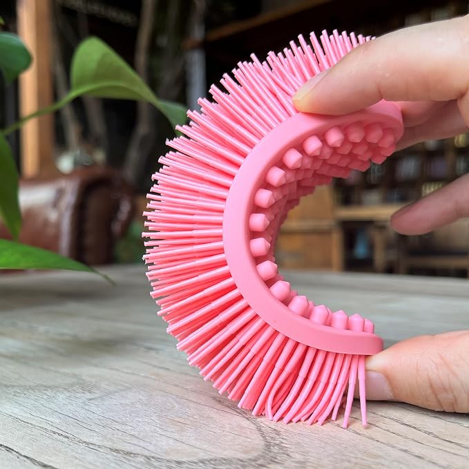 Premium Sensory Brush for Kids or Autism,Soft Silicone Body Scrubber,2 in 1 Sensory Room Occupational Therapy Sensory Brushes,Silicone Loofah,Pet Shower Brush Bath Brush Shampoo Brush(Oval-deep Pink)